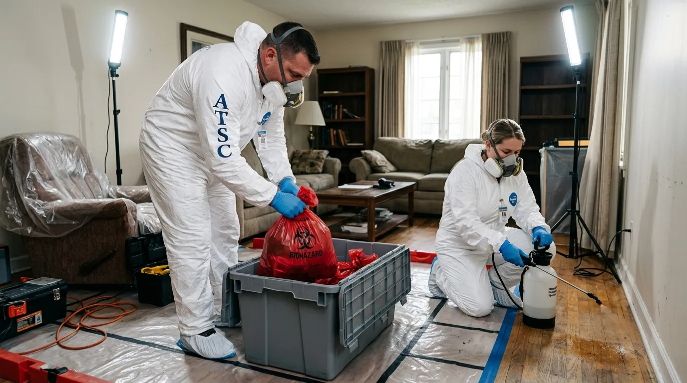 Professional Biohazard Cleanup technician in full PPE working in Jerseyville